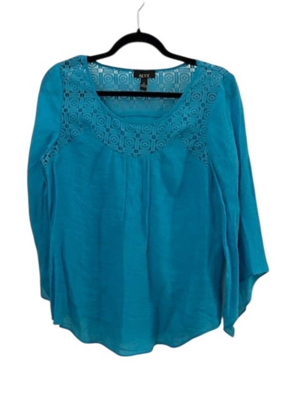 AlyxTurquoise Blouse Top S Tapered Sleeve Tunic Lace Look Trim BOHO fairy